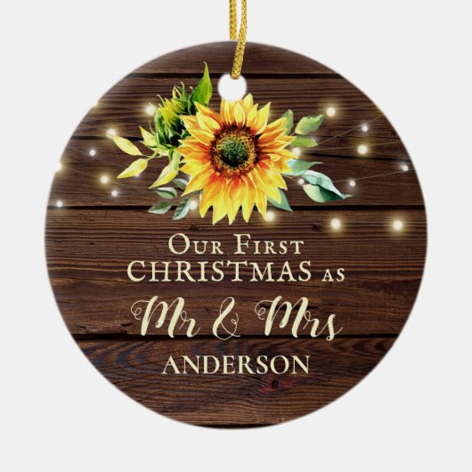 Onze eerste Kerstmis als Mr & Mrs Sunflower Wood Keramisch Ornament (Voorkant)