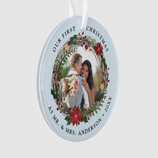 Onze eerste Kerstmis als Mr. & Mrs trouwfoto Ornament (voorkant)