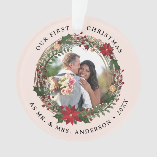 Onze eerste Kerstmis als Mr. & Mrs trouwfoto Ornament (voorkant)