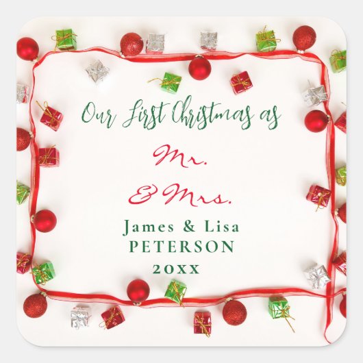 Onze eerste Kerstmis als Mr. & Mrs. Vierkante Sticker (Voorkant)