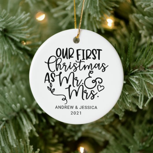 Onze eerste Kerstmis als Mr. & Mrs. | Weddenschap Keramisch Ornament (Boom)