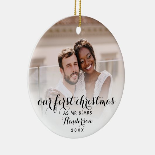 Onze eerste Kerstmis als Mr & Mrs Wedding Foto Keramisch Ornament (Rechts)