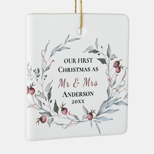 Onze eerste Kerstmis als Mr & Mrs Winter Wedding Keramisch Ornament (Rechts)