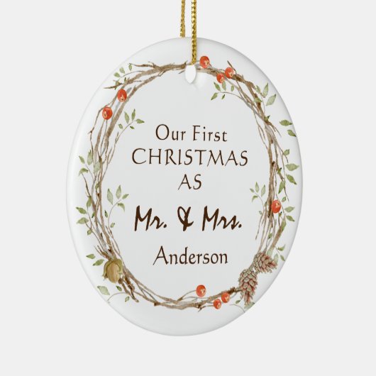 Onze eerste Kerstmis als Mr & Mrs Wreath Keramisch Ornament (Rechts)