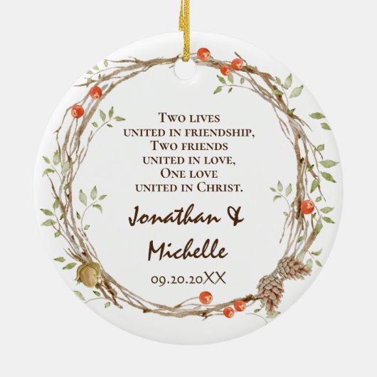 Onze eerste Kerstmis als Mr & Mrs Wreath Keramisch Ornament (Achterkant)