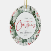 Onze eerste Kerstmis als Mr. Winter Wreath Foto Keramisch Ornament (Rechts)