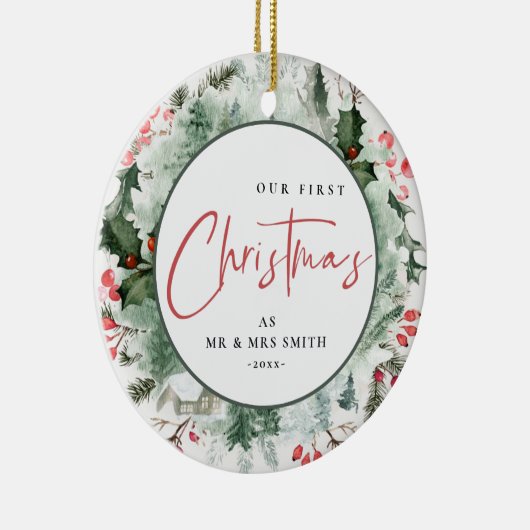 Onze eerste Kerstmis als Mr. Winter Wreath Foto Keramisch Ornament (Rechts)