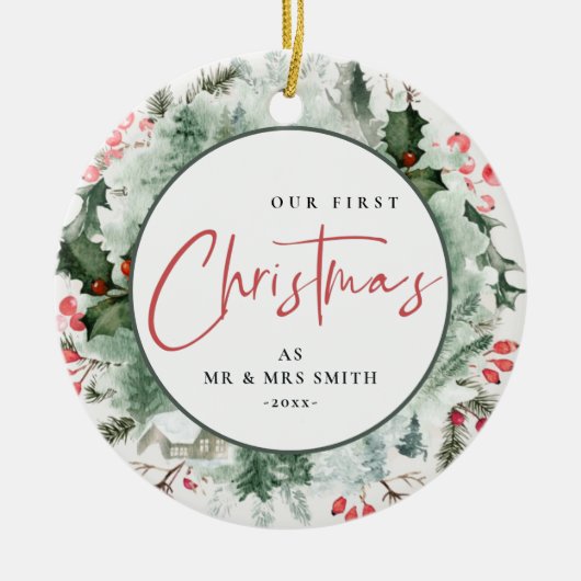 Onze eerste Kerstmis als Mr. Winter Wreath Foto Keramisch Ornament (Voorkant)