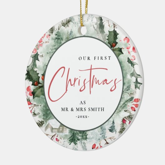 Onze eerste Kerstmis als Mr. Winter Wreath Foto Keramisch Ornament (Links)