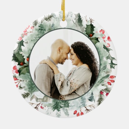 Onze eerste Kerstmis als Mr. Winter Wreath Foto Keramisch Ornament (Achterkant)