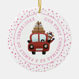 Onze eerste Kerstmis als ouderauto roze foto Keramisch Ornament