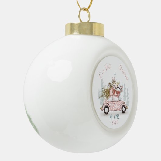 Onze eerste Kerstmis als Waterverf Car. Keramische Bal Ornament (Links)