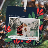 Onze eerste Kerstmis Betrokken Moderne Bladerenfot Metalen Ornament