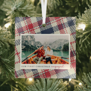 Onze eerste Kerstmis Betrokken Moderne geruite Fot Glas Ornament