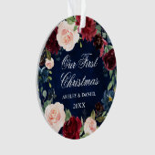 Onze Eerste Kerstmis Bloemen Blauw FOTO Terug Ornament (voorkant)