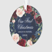 Onze Eerste Kerstmis Bloemen Blauw FOTO Terug Ornament (voorkant)