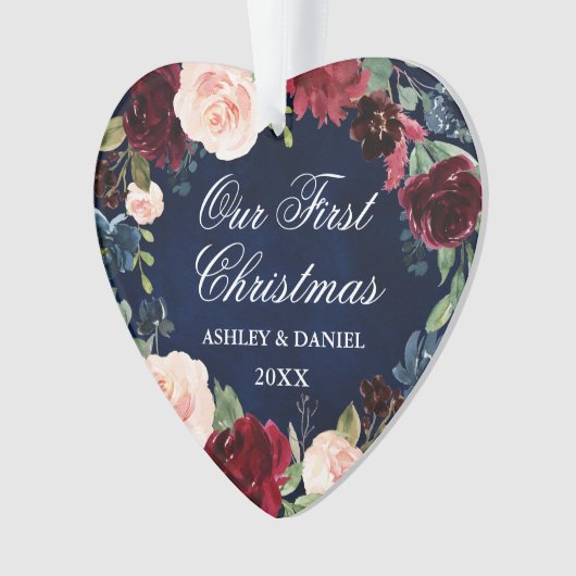 Onze Eerste Kerstmis Bloemen FOTO Terug Hart Ornament (voorkant)