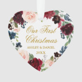 Onze Eerste Kerstmis Bloemen Goud FOTO Terug Hart Ornament (voorkant)