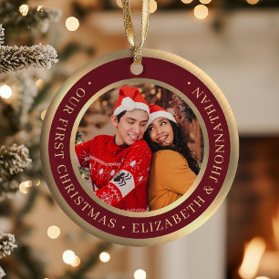 Onze Eerste Kerstmis Bourgondië en Nepgoud Foto's Keramisch Ornament