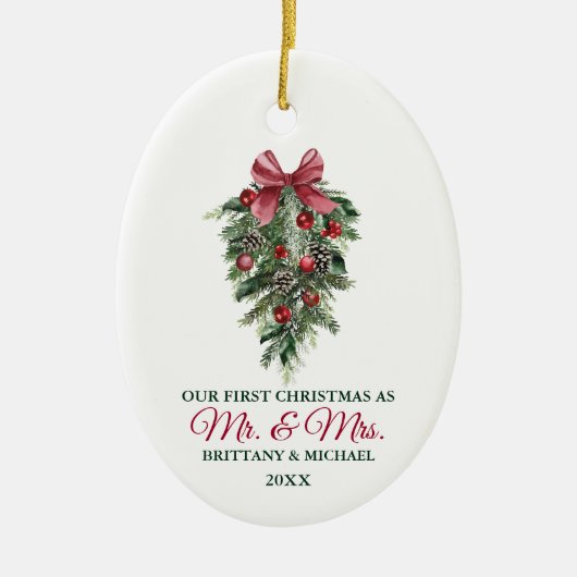 Onze eerste Kerstmis, de heer en mevrouw Waterverf Keramisch Ornament (Voorkant)