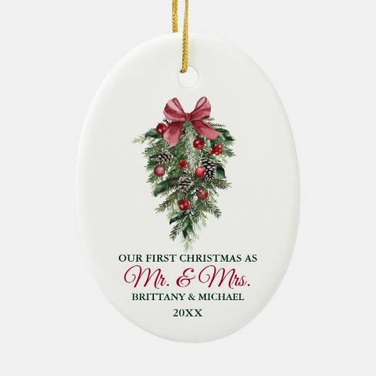 Onze eerste Kerstmis, de heer en mevrouw Waterverf Keramisch Ornament (Achterkant)