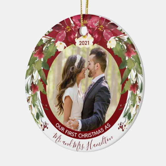 Onze eerste Kerstmis, de heer Mrs. Foto Poinsettia Keramisch Ornament (Links)