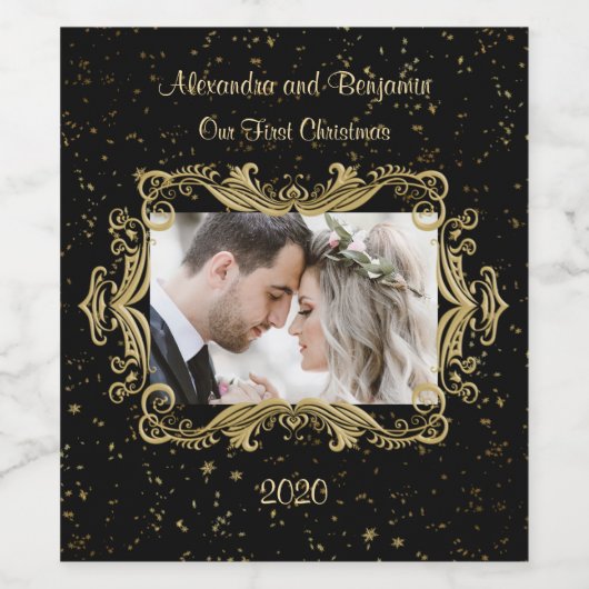 Onze eerste Kerstmis Elegante Fotosjabloon Zwart Wijn Etiket (Enkel label)