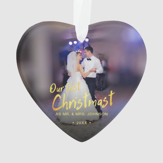 Onze eerste Kerstmis foto bruiloft Ornament (achterkant)