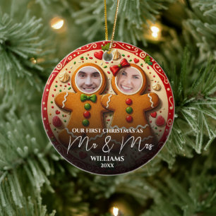 Onze Eerste Kerstmis Foto van Mr & Mrs Fun Gingerb Keramisch Ornament