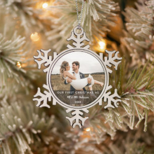 Onze Eerste Kerstmis Getrouwd als Mr en Mrs FOTO Tin Sneeuwvlok Ornament