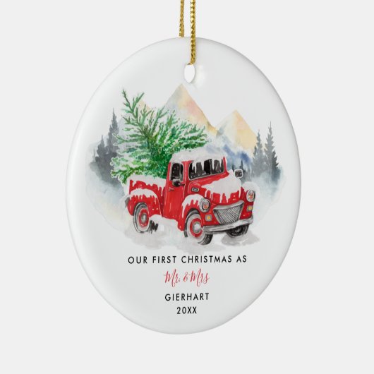 Onze Eerste Kerstmis Getrouwd Custom Name Script Keramisch Ornament (Rechts)