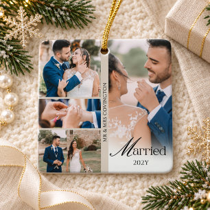 Onze Eerste Kerstmis Getrouwd Elegante Fotocollage Keramisch Ornament