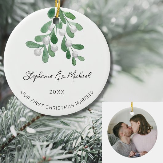 Onze eerste Kerstmis getrouwd Mistletoe Foto Keramisch Ornament