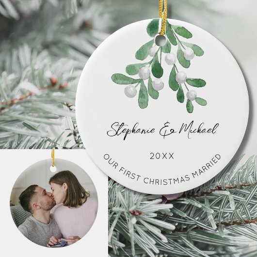 Onze eerste Kerstmis getrouwd Mistletoe Foto Keramisch Ornament