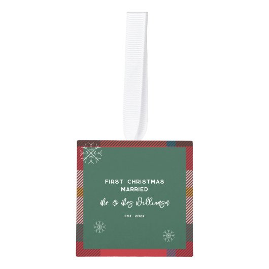 Onze eerste Kerstmis getrouwde foto's Plaid Rustie Decoratie (Voorkant)