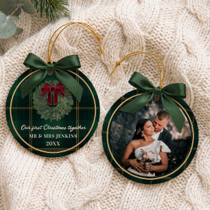 Onze Eerste Kerstmis Groen Geruit Foto Keramisch Ornament