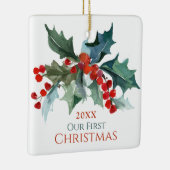Onze Eerste Kerstmis Holly en Bessen met Namen Keramisch Ornament (Rechts)