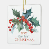 Onze Eerste Kerstmis Holly en Bessen met Namen Keramisch Ornament (Links)
