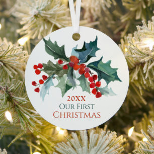 Onze Eerste Kerstmis Hulst en Bessen met Namen Metalen Ornament