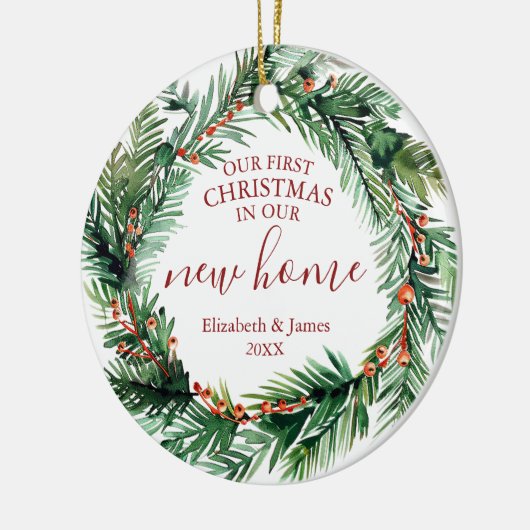 Onze eerste Kerstmis in onze nieuwe huiskrans Keramisch Ornament (Links)