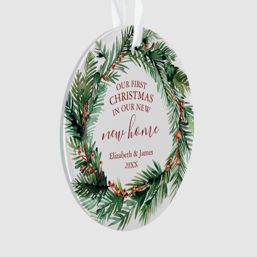 Onze eerste Kerstmis in onze nieuwe huiskrans Ornament (voorkant)