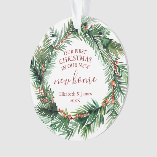 Onze eerste Kerstmis in onze nieuwe huiskrans Ornament (voorkant)