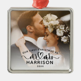 Onze Eerste Kerstmis Kalligrafie Mr en Mrs Foto's Metalen Ornament