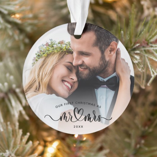 Onze Eerste Kerstmis Kalligrafie Mr en Mrs Foto's Ornament (Boom)
