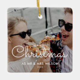 Onze Eerste Kerstmis Koppel Foto Minimalistisch Sc Keramisch Ornament