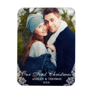 Onze eerste Kerstmis Lace Border Couple Foto Magneet