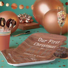 Onze eerste kerstmis meneer en mevrouw pasgetrouwd papieren bordje