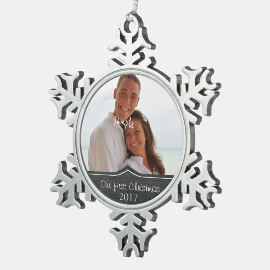 Onze eerste Kerstmis met Foto Tin Sneeuwvlok Ornament (Rechts)