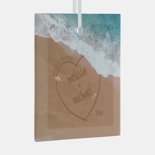 Onze eerste Kerstmis met Names Beach Dated Glas Ornament (Voorkant Rechts)