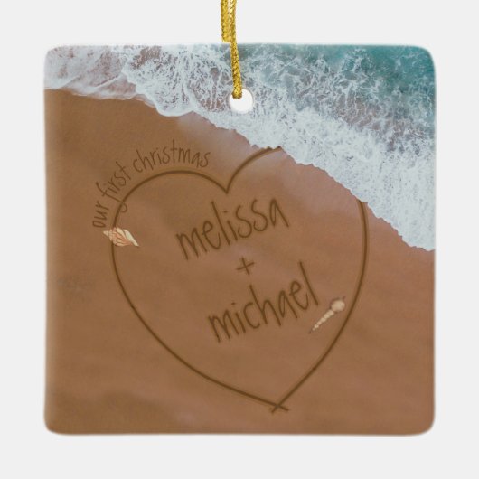Onze eerste Kerstmis met Names Beach Dated Keramisch Ornament (Voorkant)